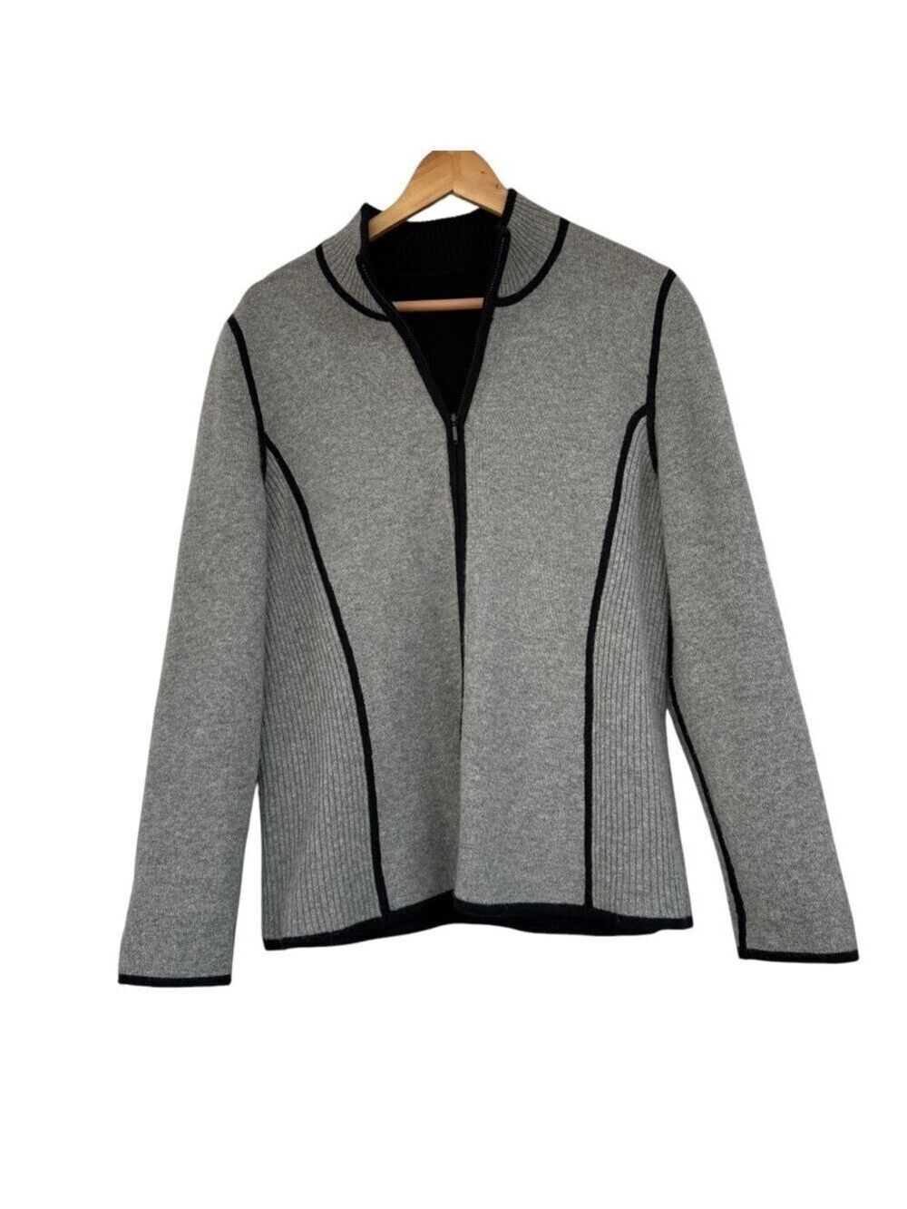 Reversible Cashmere Blend Full Zip Jacket Sweater Black & Gray Sz Med/Lg